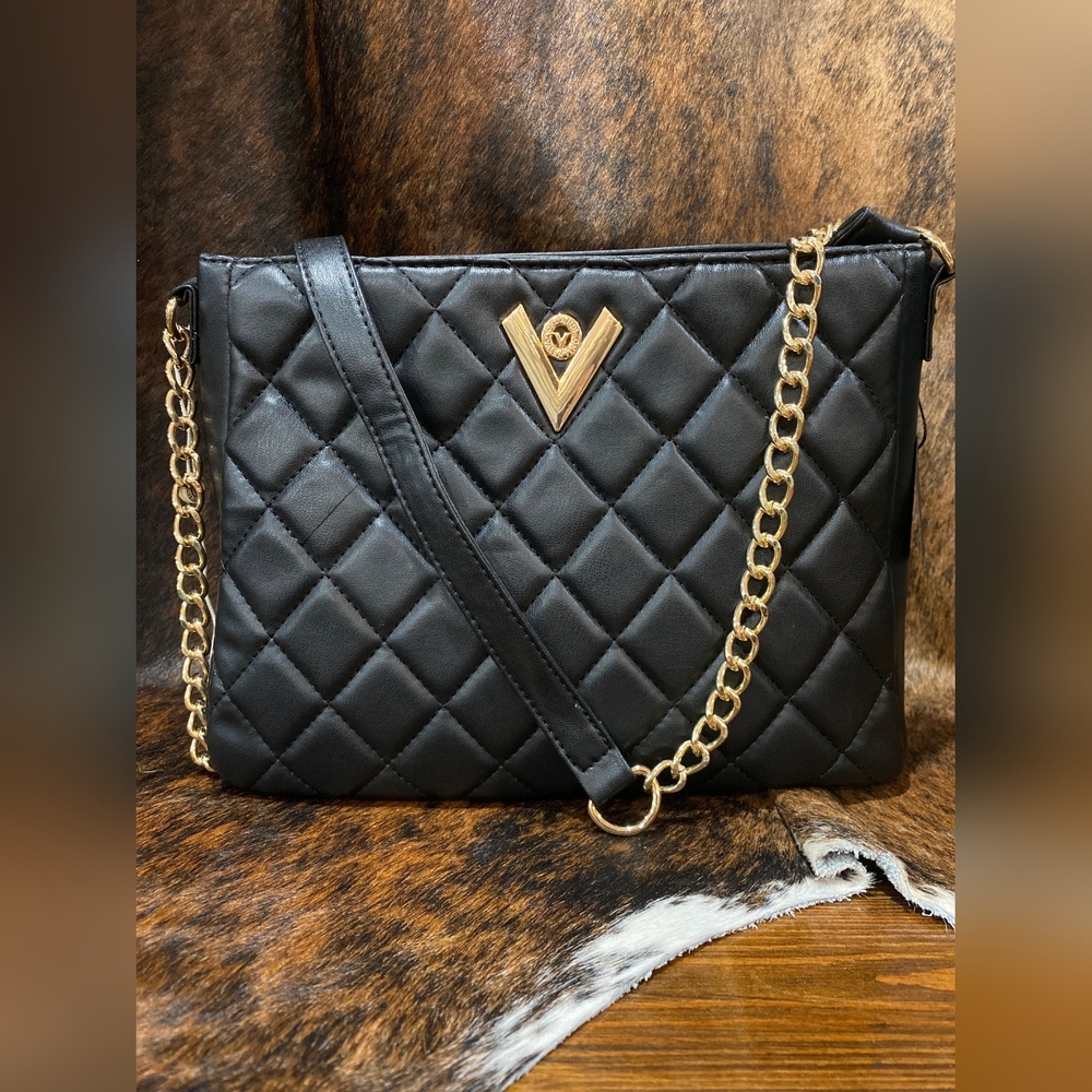 NWT Valentino Orlandi Quilted Black with Golden Hardware Adjustable Crossbody - Picture 5 of 5